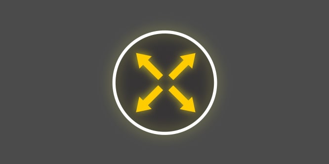 A yellow and white icon with 4 arrows pointing outward from the center of a circle, on a dark grey background depicting 4 way stretch.
