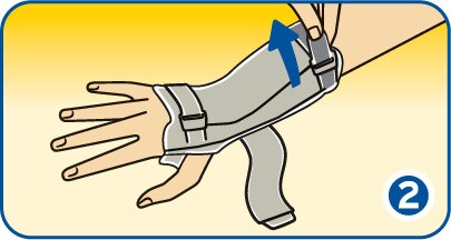 Lining up thumb with thumb brace hole and wrist with splints.