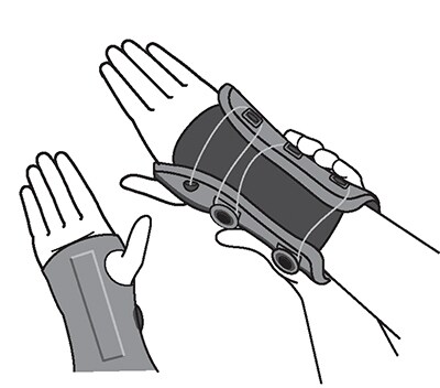 Wearing wrist support brace properly by aligning thumb in hole and splint in palm.