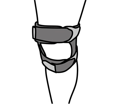 Sliding bottom knee strap through opening, applying gel pad, and applying tension.