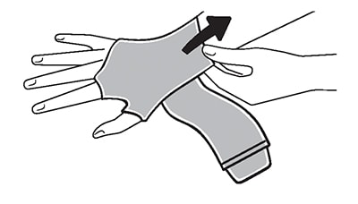 Opening arthritis wrist compression support and placing hand inside glove.