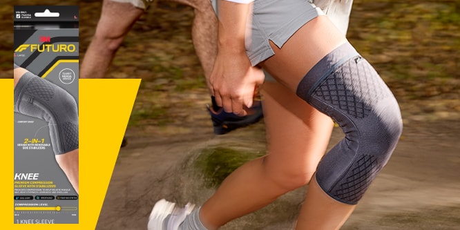 FUTURO Premium Knee Compression Sleeve on a person running.
