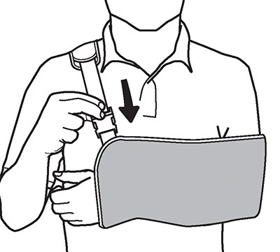 Bringing strap across shoulder and securing.