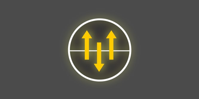 A yellow and white icon with arrows inside a circle pointing up and down, on a dark grey background depicting breathability and moisture wicking.

