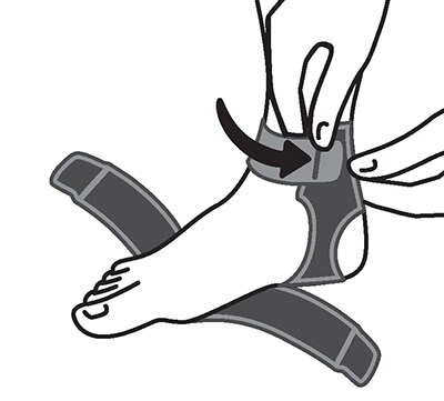 Placing heel in the ankle wrapping, and securing top strap.