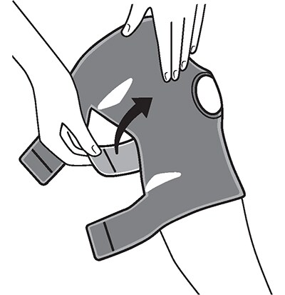 Laying sport knee brace over knee, then wrapping under and attaching hook fastener.