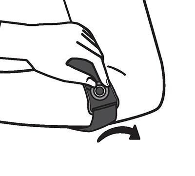 Pulling elbow strap fastener through slot and applying to forearm.