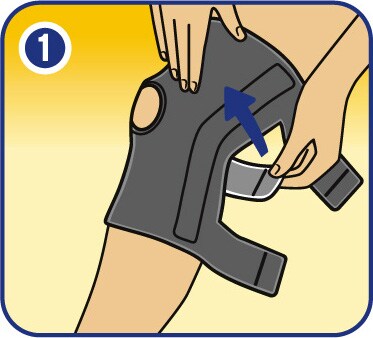Laying knee stabilizer brace over knee. Wrapping middle strap under knee and attaching.