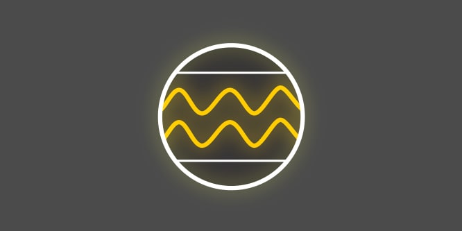 A yellow and white icon with yellow zigzags inside a circle on a dark grey background depicting the comfort band and silicone beading.
